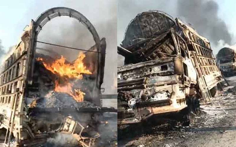 بگن: سخت سیکیورٹی میں جانیوالے قافلے کو لوٹ کر ٹرکوں کو آگ لگادی گئی