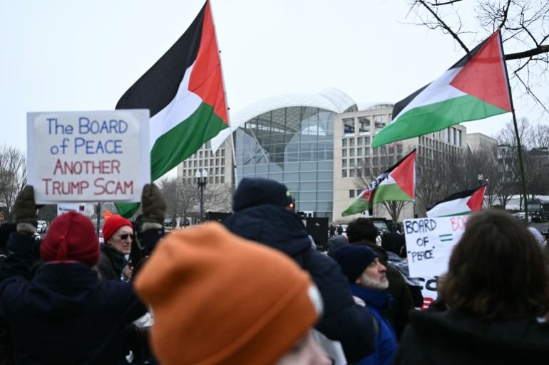 بورڈ آف پیس اجلاس سے قبل فلسطینی حامی مظاہرین کا احتجاج